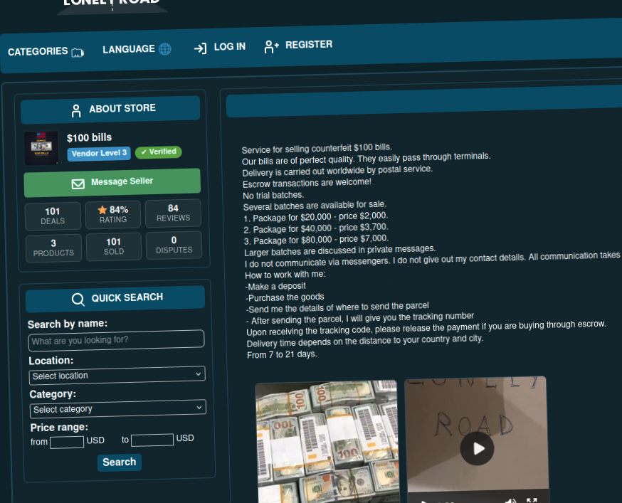 Darknet marketplace interface advertising fake US dollar bills for sale